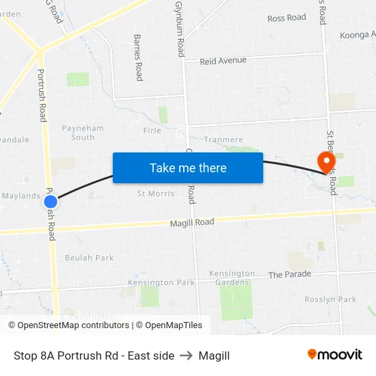 Stop 8A Portrush Rd - East side to Magill map