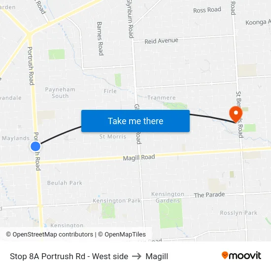 Stop 8A Portrush Rd - West side to Magill map