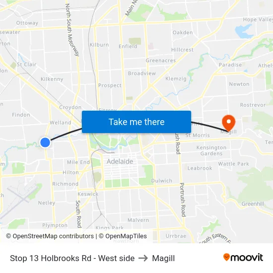 Stop 13 Holbrooks Rd - West side to Magill map