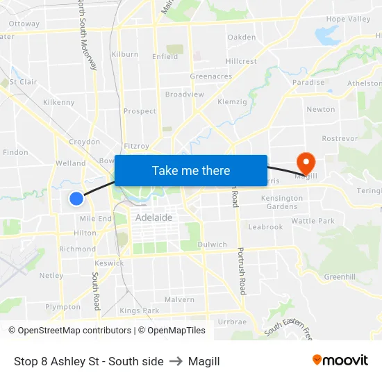 Stop 8 Ashley St - South side to Magill map