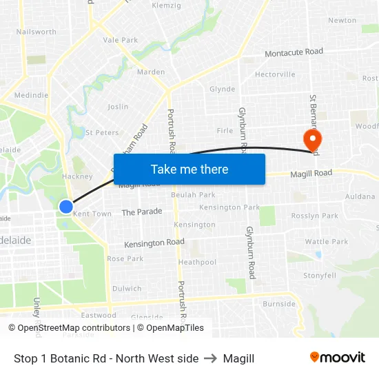Stop 1 Botanic Rd - North West side to Magill map