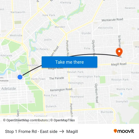 Stop 1 Frome Rd - East side to Magill map