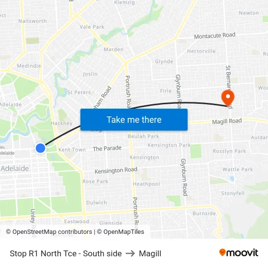 Stop R1 North Tce - South side to Magill map