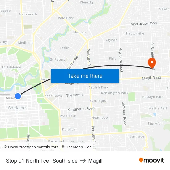 Stop U1 North Tce - South side to Magill map