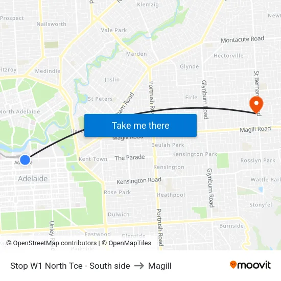 Stop W1 North Tce - South side to Magill map