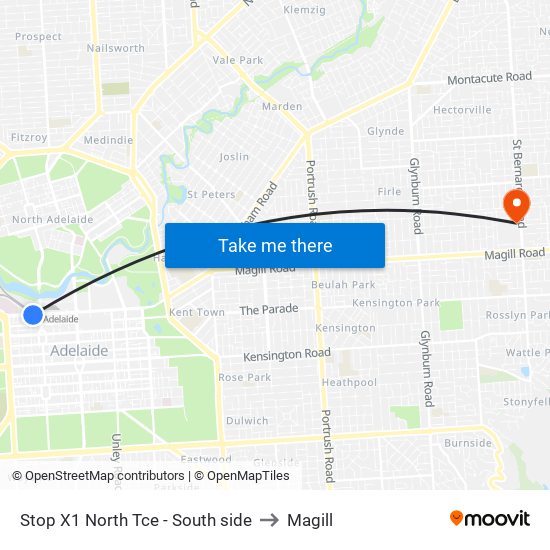Stop X1 North Tce - South side to Magill map