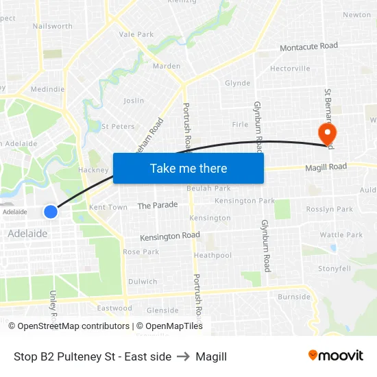 Stop B2 Pulteney St - East side to Magill map