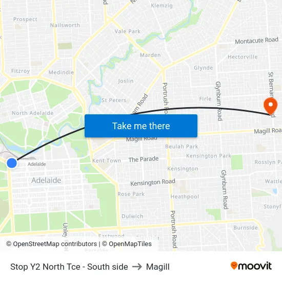 Stop Y2 North Tce - South side to Magill map