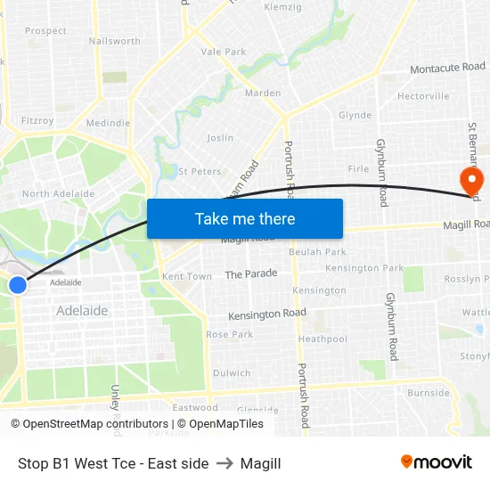 Stop B1 West Tce - East side to Magill map