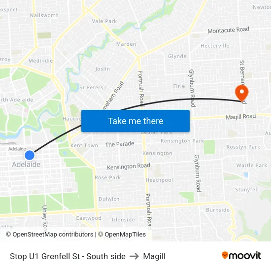 Stop U1 Grenfell St - South side to Magill map