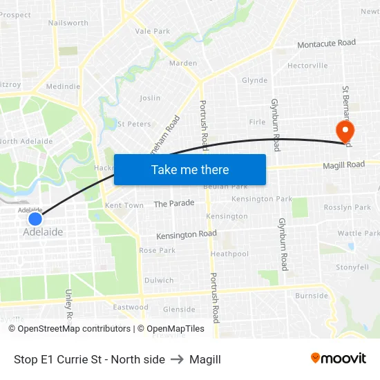 Stop E1 Currie St - North side to Magill map