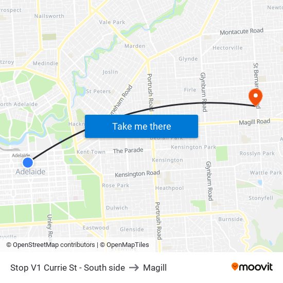 Stop V1 Currie St - South side to Magill map