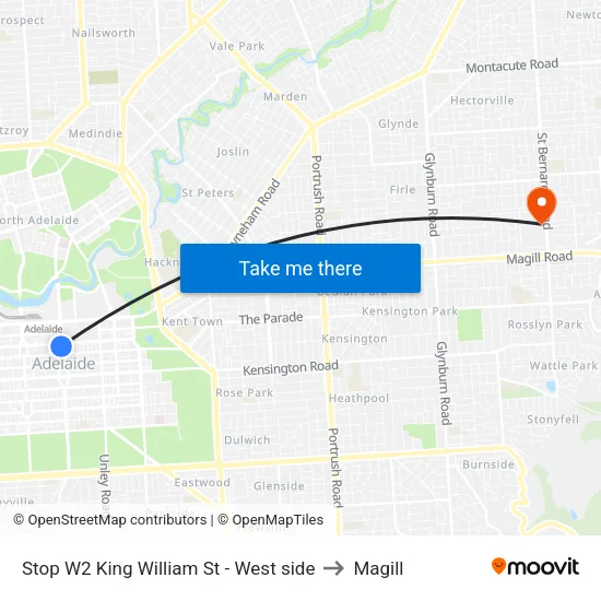 Stop W2 King William St - West side to Magill map