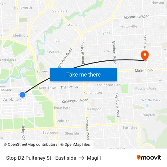 Stop D2 Pulteney St - East side to Magill map