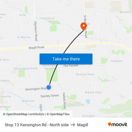 Stop 13 Kensington Rd - North side to Magill map