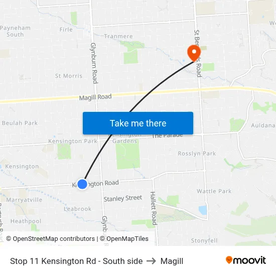 Stop 11 Kensington Rd - South side to Magill map