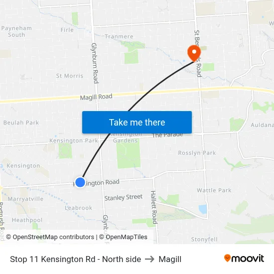 Stop 11 Kensington Rd - North side to Magill map