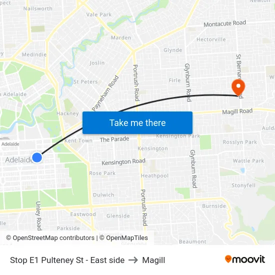 Stop E1 Pulteney St - East side to Magill map