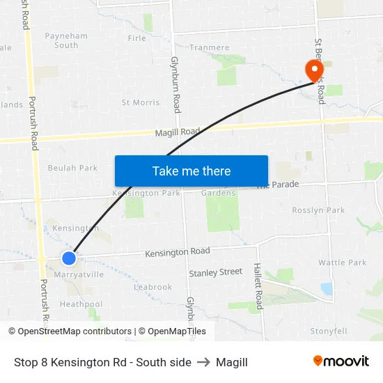 Stop 8 Kensington Rd - South side to Magill map