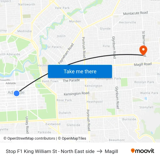 Stop F1 King William St - North East side to Magill map