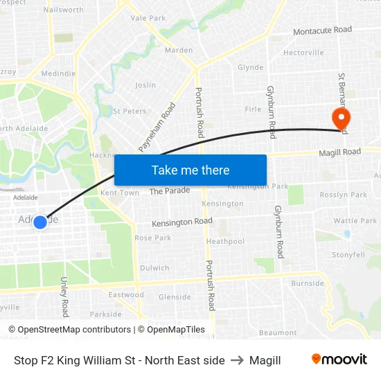 Stop F2 King William St - North East side to Magill map