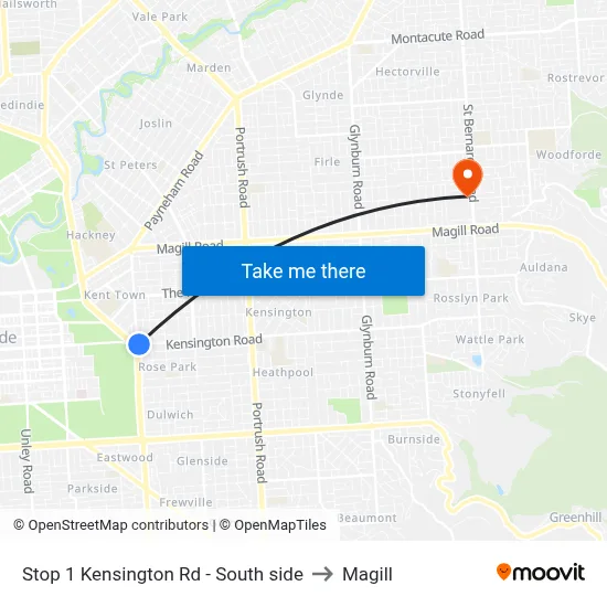 Stop 1 Kensington Rd - South side to Magill map