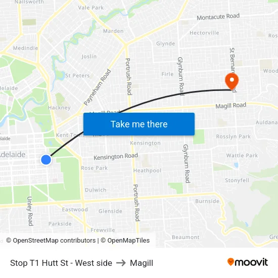 Stop T1 Hutt St - West side to Magill map