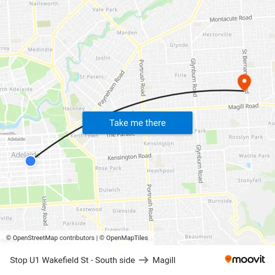 Stop U1 Wakefield St - South side to Magill map