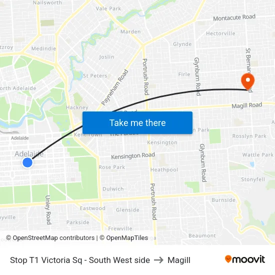 Stop T1 Victoria Sq - South West side to Magill map