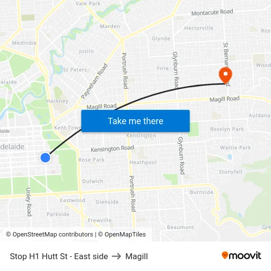 Stop H1 Hutt St - East side to Magill map