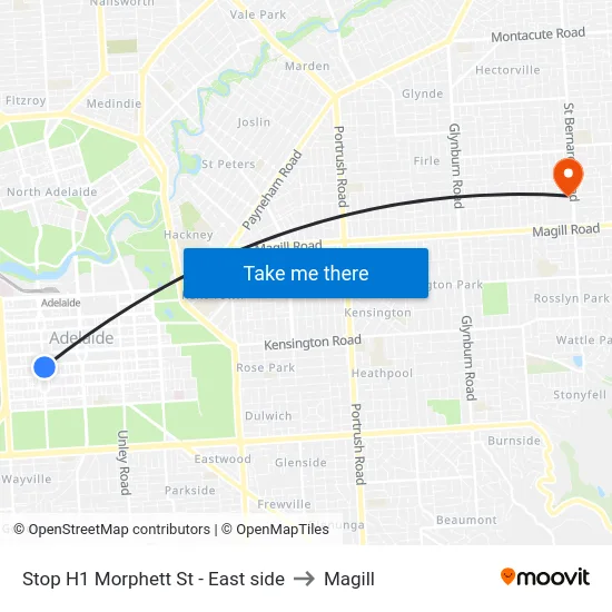 Stop H1 Morphett St - East side to Magill map