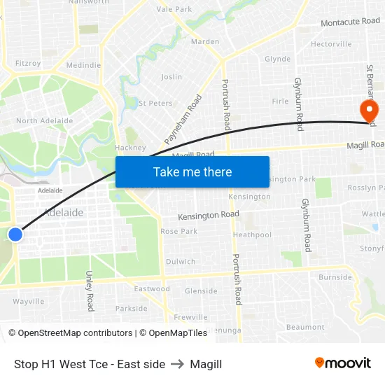 Stop H1 West Tce - East side to Magill map