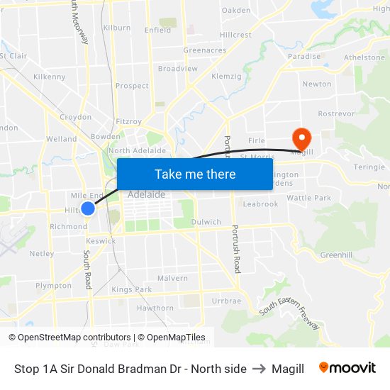 Stop 1A Sir Donald Bradman Dr - North side to Magill map