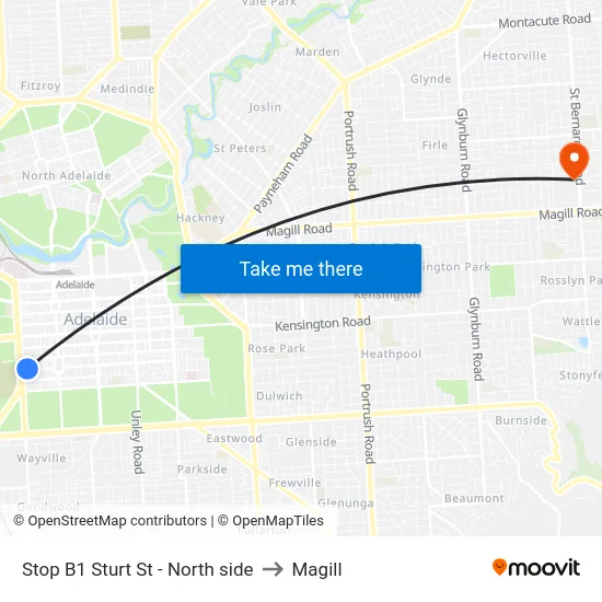 Stop B1 Sturt St - North side to Magill map
