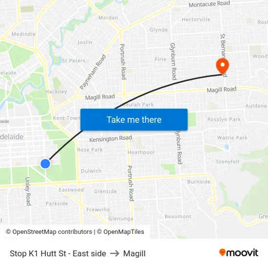 Stop K1 Hutt St - East side to Magill map
