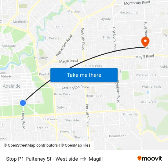Stop P1 Pulteney St - West side to Magill map
