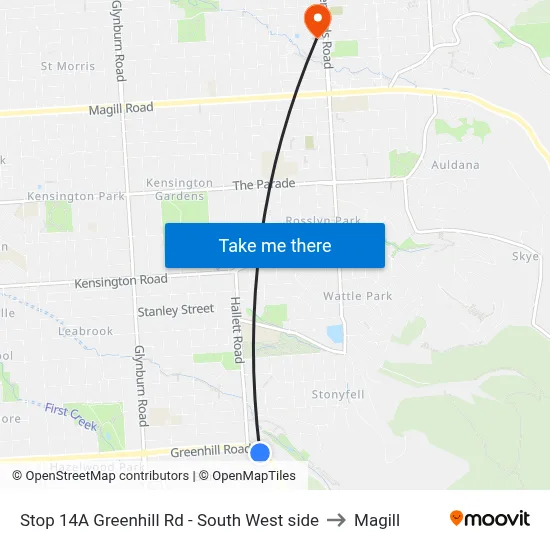 Stop 14A Greenhill Rd - South West side to Magill map