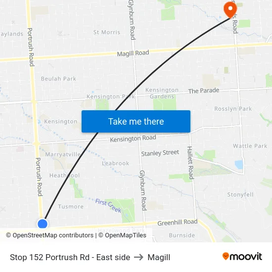 Stop 152 Portrush Rd - East side to Magill map