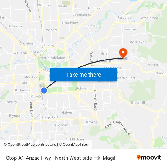 Stop A1 Anzac Hwy - North West side to Magill map