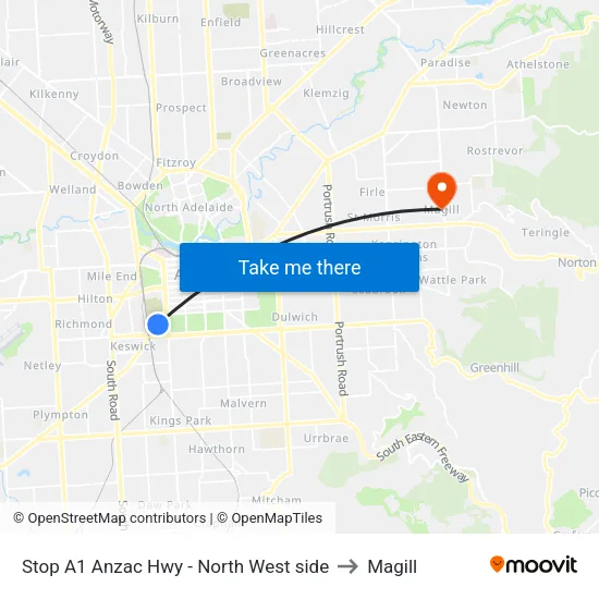 Stop A1 Anzac Hwy - North West side to Magill map