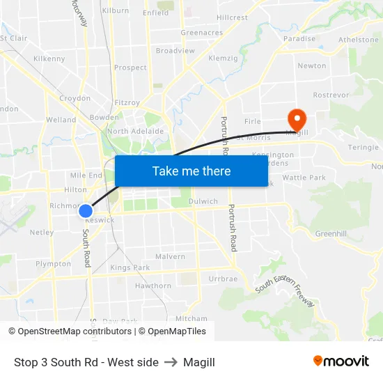 Stop 3 South Rd - West side to Magill map