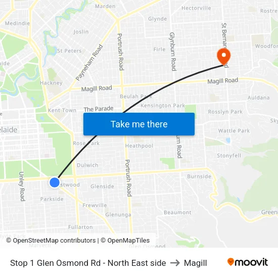 Stop 1 Glen Osmond Rd - North East side to Magill map