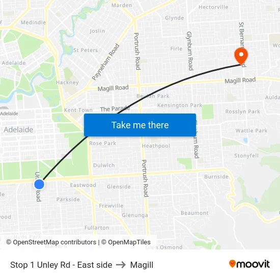 Stop 1 Unley Rd - East side to Magill map