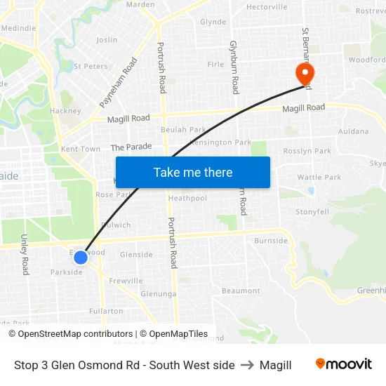 Stop 3 Glen Osmond Rd - South West side to Magill map