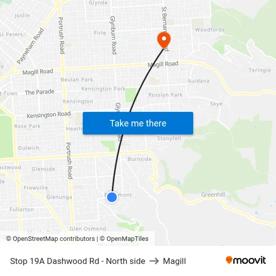 Stop 19A Dashwood Rd - North side to Magill map