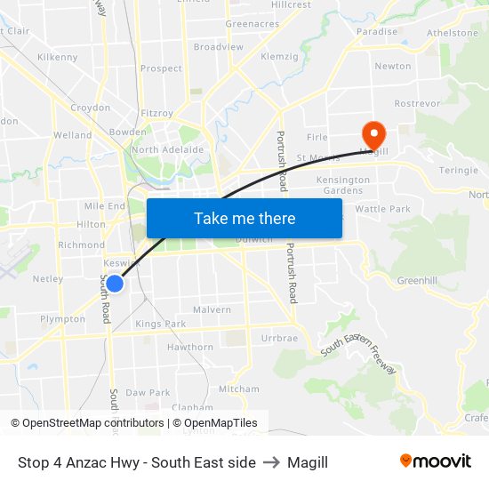 Stop 4 Anzac Hwy - South East side to Magill map