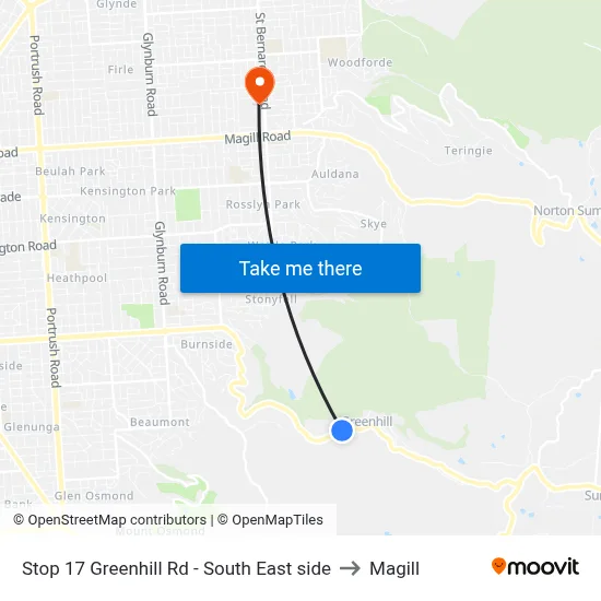Stop 17 Greenhill Rd - South East side to Magill map