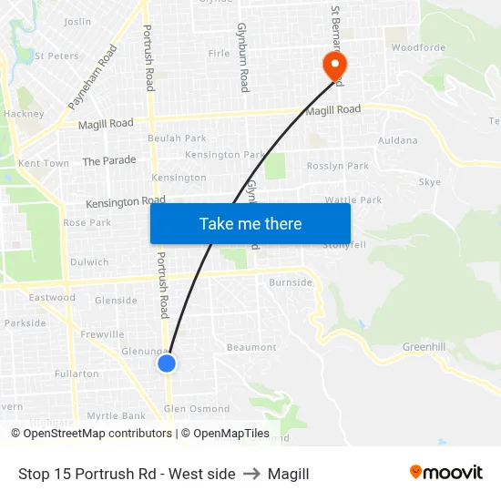 Stop 15 Portrush Rd - West side to Magill map