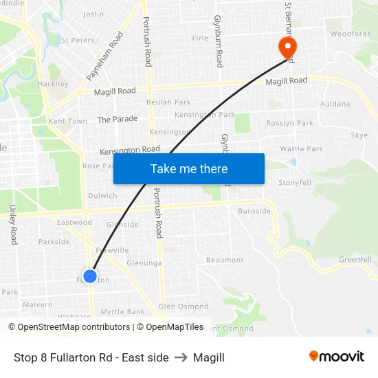 Stop 8 Fullarton Rd - East side to Magill map