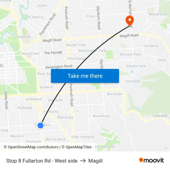 Stop 8 Fullarton Rd - West side to Magill map